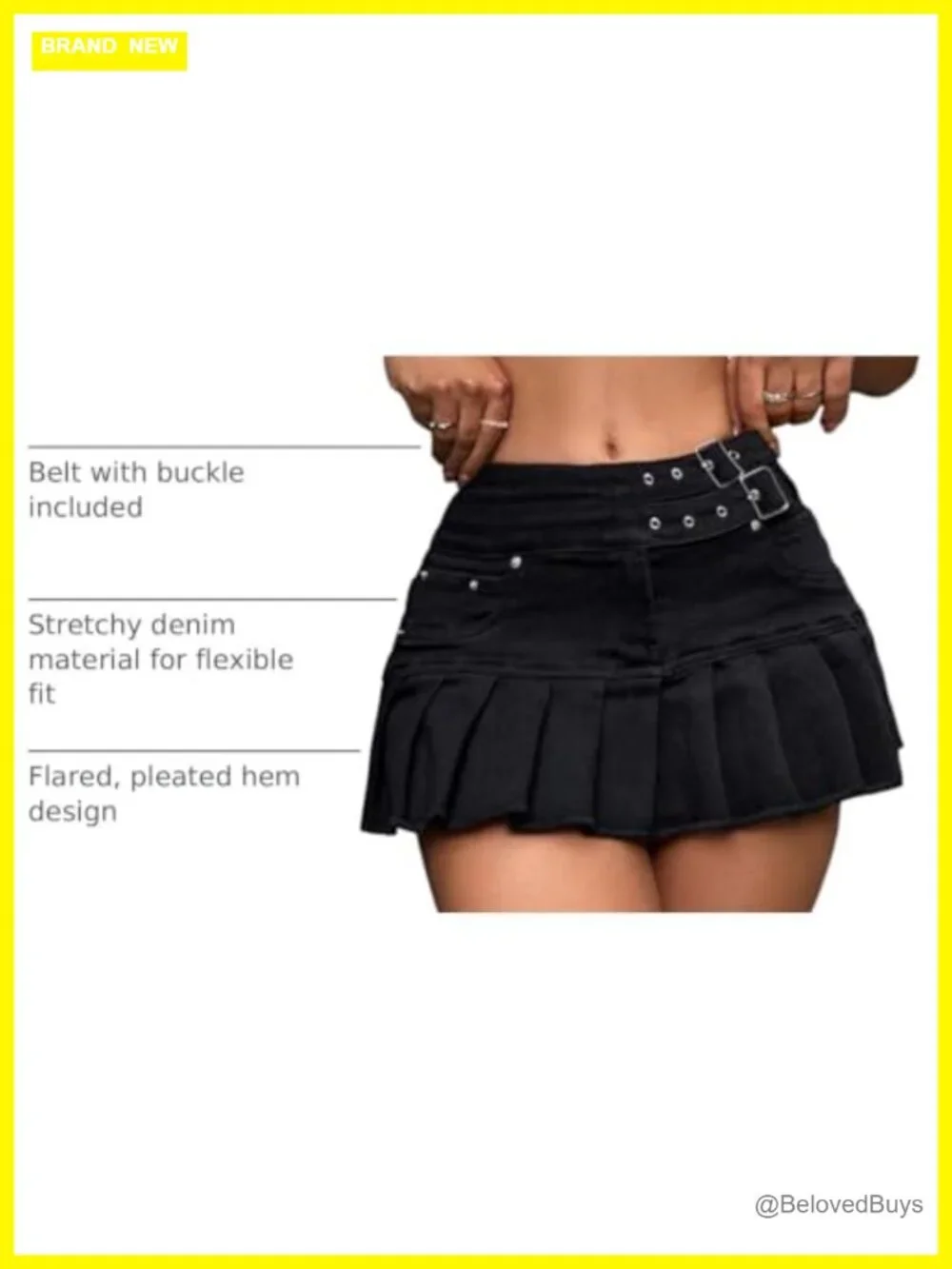 Stretchy Denim Y2k Mini Skirt With Belt Pleated Flared Hem